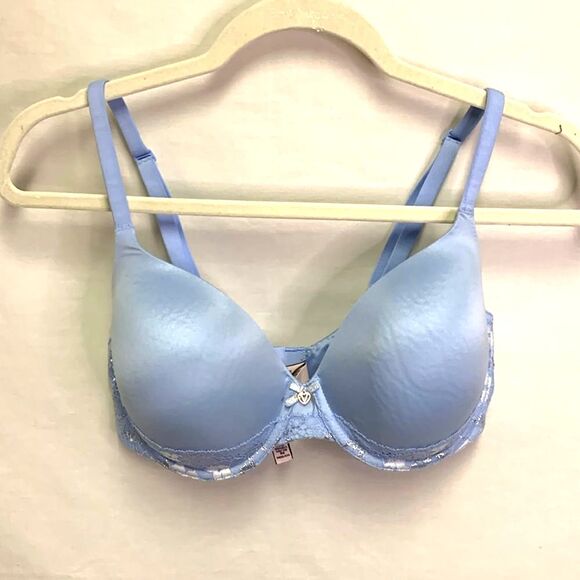 Victoria’s Secret Body By Victoria Blue Silver Lace Lined Underwire Bra Sz 34DD - Picture 1 of 8